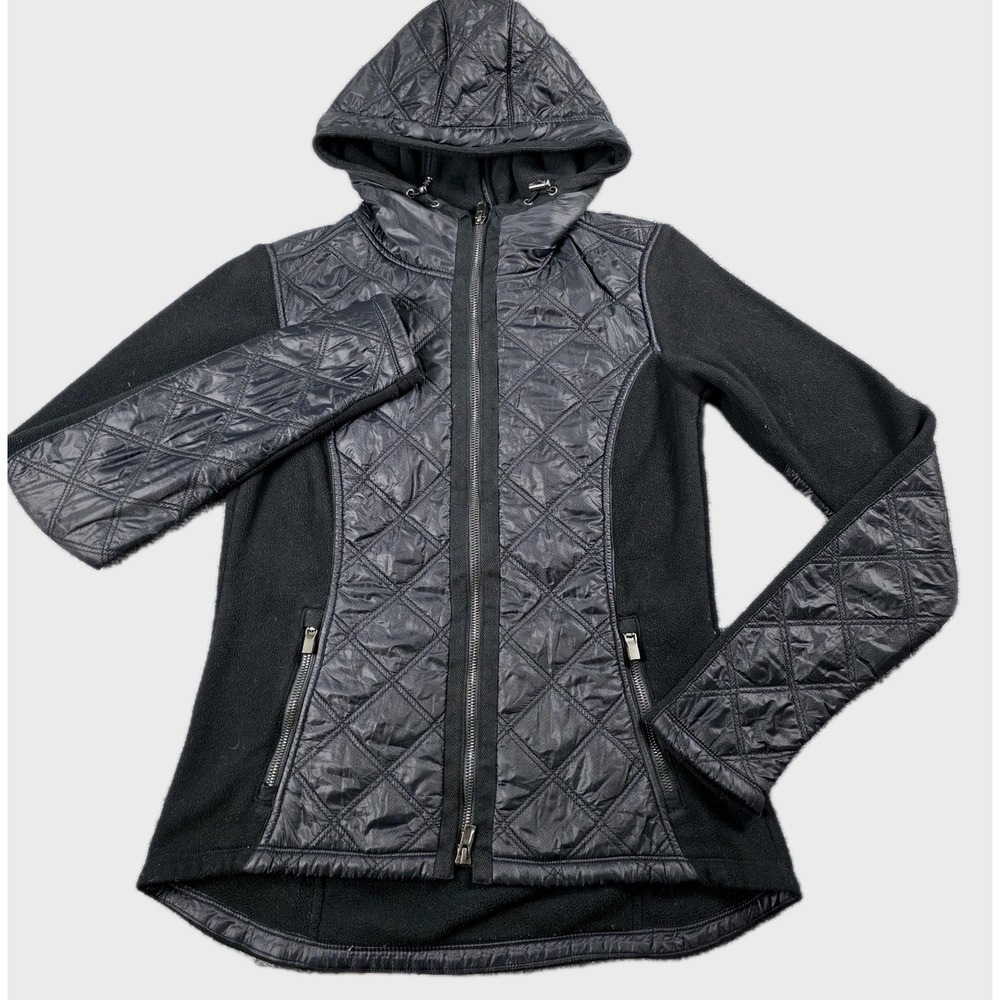 ATHLETA Puffer Jacket Fleece Quilted Hooded BLACK SMALL Full Zip Hoodie Puffy